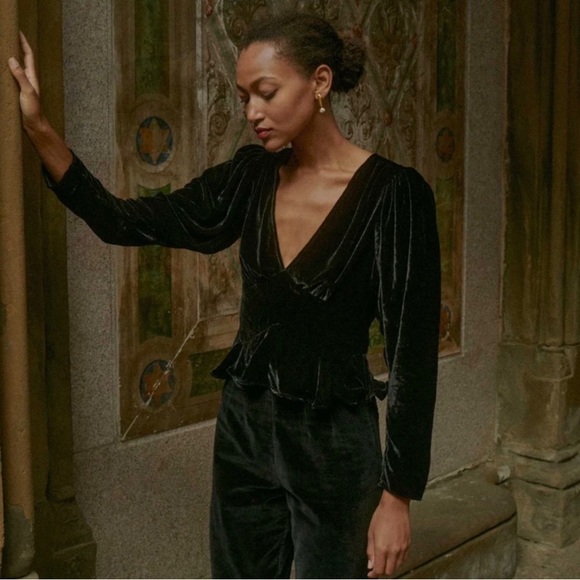 Doen Alondra Velvet V Neck Flare Peplum Long Sleeve Blouse Top Black - Picture 5 of 11